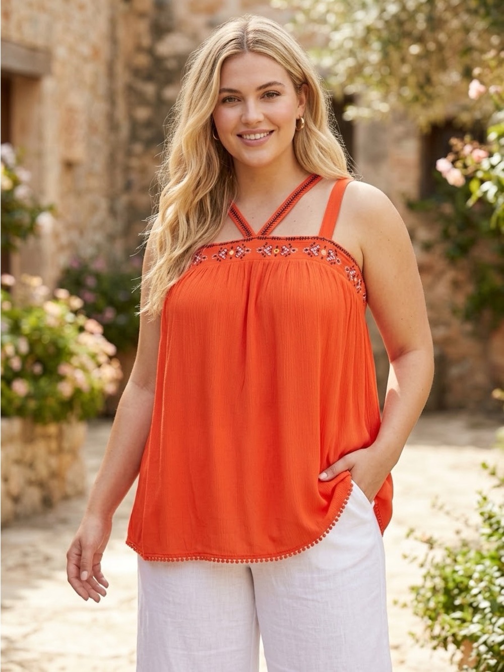 TORRID Coral Orange Embroidered Gauze V Strap Boho Tank Top 4X